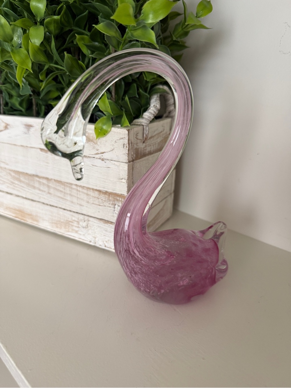 Clear Pink Glass Swan Flamingo Paperweight Art Glass Figurine Bird Decor Vintage